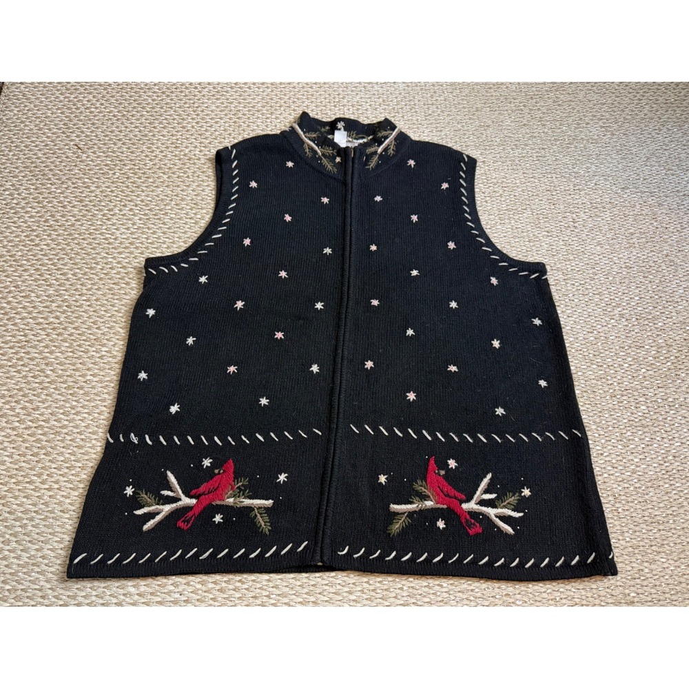 Holiday 1X wool Cardinal Embroidered Knit Sweater Vest Zip vintage cottagecore